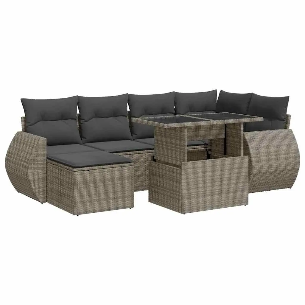 7 Piece Outdoor Patio Furniture Set Grey PE Rattan with Cushions Storage and Adjustable Table