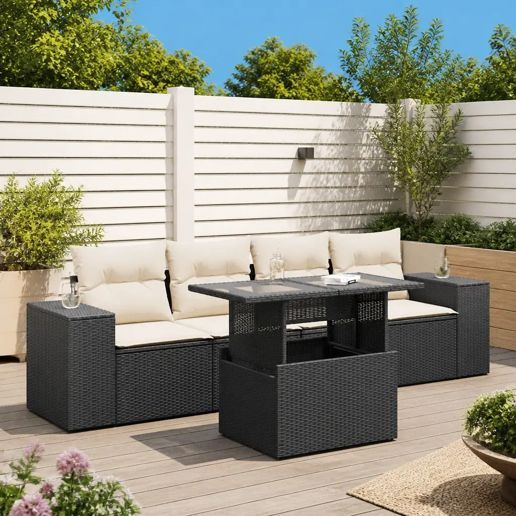 5 Piece Modular Garden Sofa Set Black Poly Rattan Outdoor Furniture with Adjustable Table and Removable Cushions