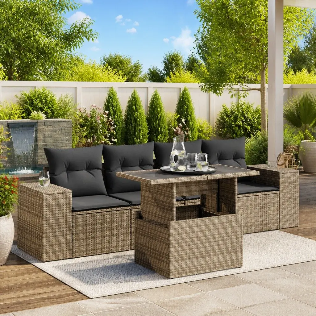 Modular Garden Sofa Set 5 Piece Grey PE Rattan Outdoor Furniture with Adjustable Tabletop and Storage Space