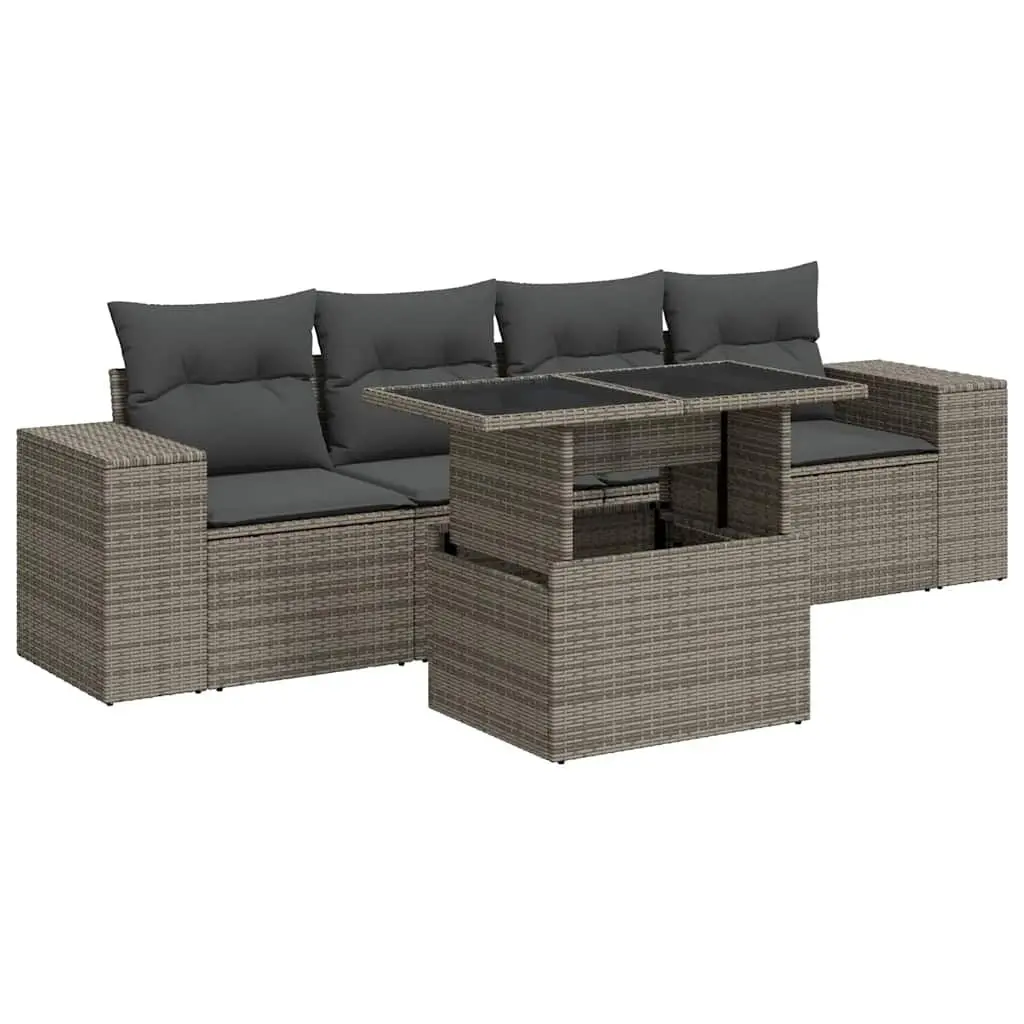 Modular Garden Sofa Set 5 Piece Grey PE Rattan Outdoor Furniture with Adjustable Tabletop and Storage Space