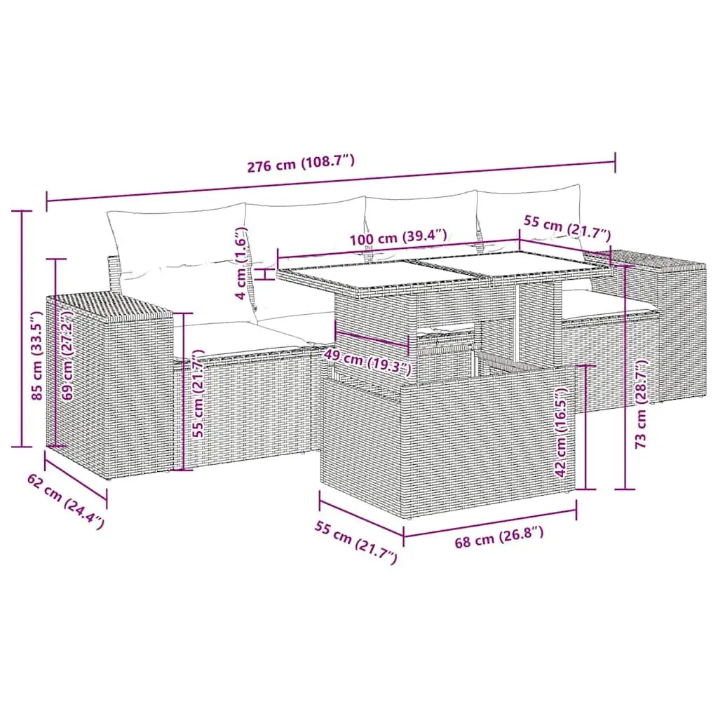 Modular Garden Sofa Set 5 Piece Grey PE Rattan Outdoor Furniture with Adjustable Tabletop and Storage Space