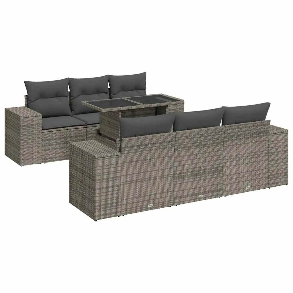 7 Piece Modular Garden Sofa Set Grey PE Rattan Outdoor Furniture with Adjustable Tabletop and Storage Function