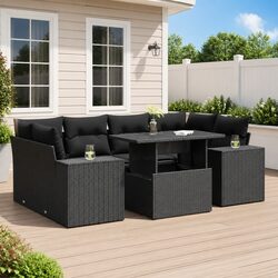 7 Piece Garden Sofa Set Black Poly Rattan Outdoor Furniture Patio Lounge with