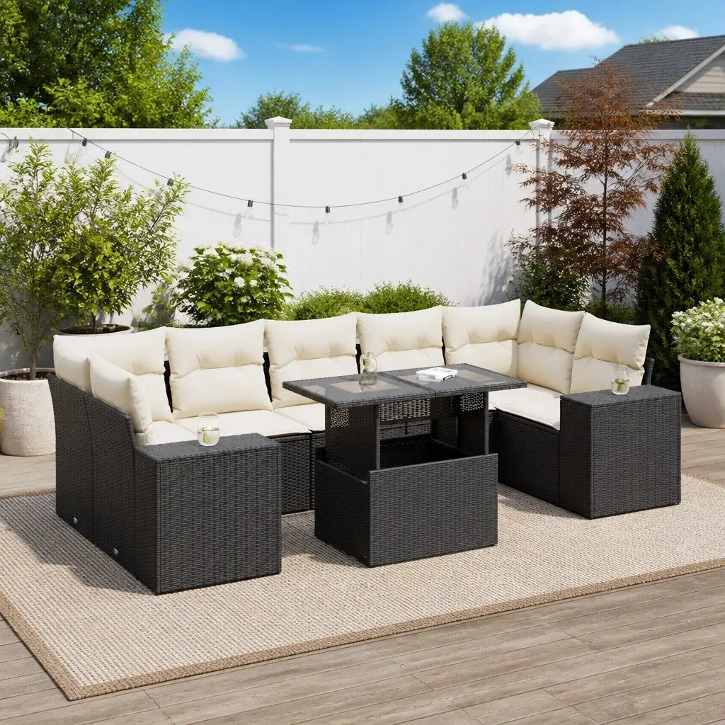 8 Piece Garden Sofa Set with Cushions Black Poly Rattan Outdoor Patio Furniture
