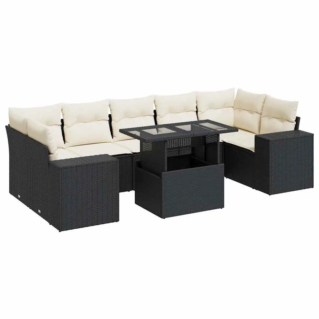 8 Piece Garden Sofa Set with Cushions Black Poly Rattan Outdoor Patio Furniture