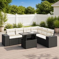 7 Piece Garden Sofa Set Outdoor Patio Furniture Black Poly Rattan with Cushions