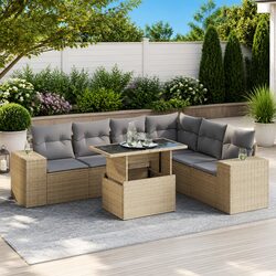 7 Piece Outdoor Garden Sofa Set with Storage Beige Poly Rattan Patio Furniture