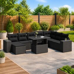 Garden Sofa Set 9 Piece Outdoor Patio Furniture Black Poly Rattan Modular
