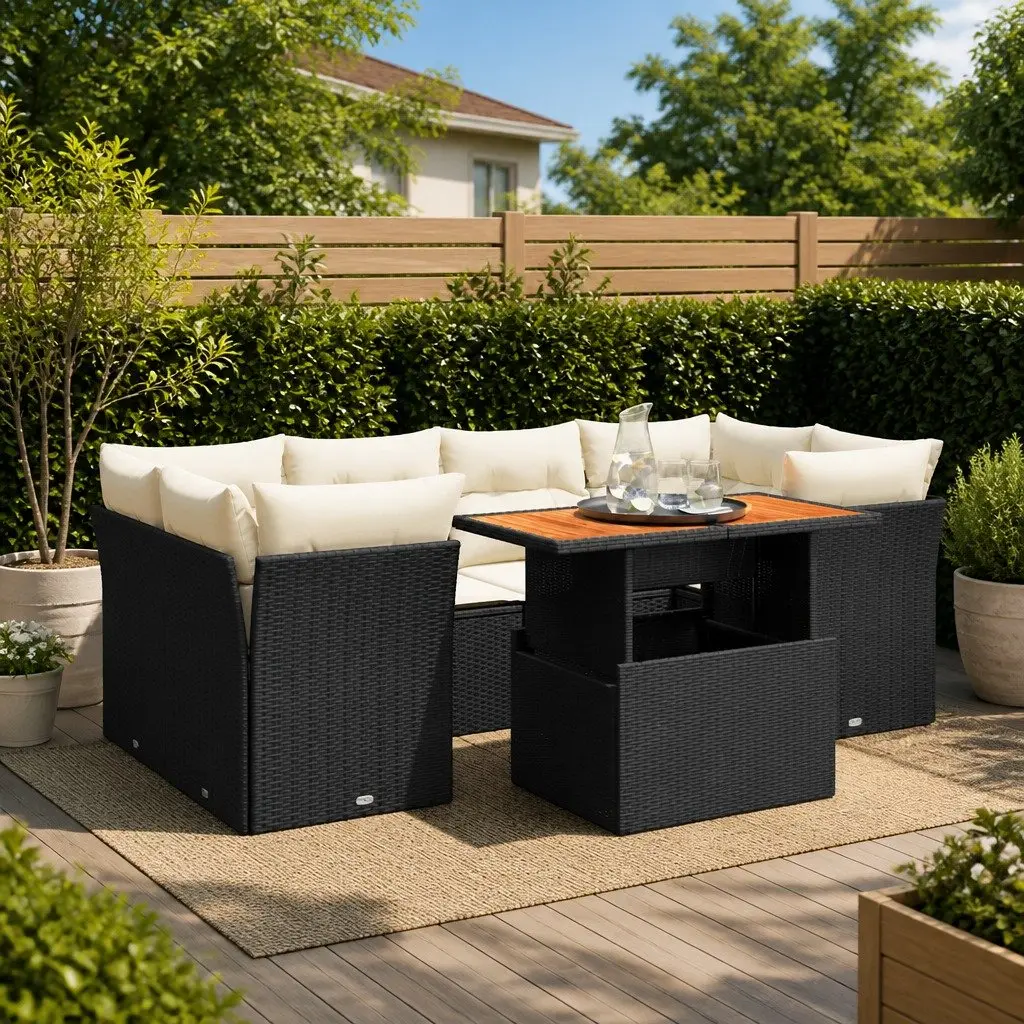 Garden Sofa Set 7 Piece Outdoor Furniture Patio Lounge Black Poly Rattan Modular