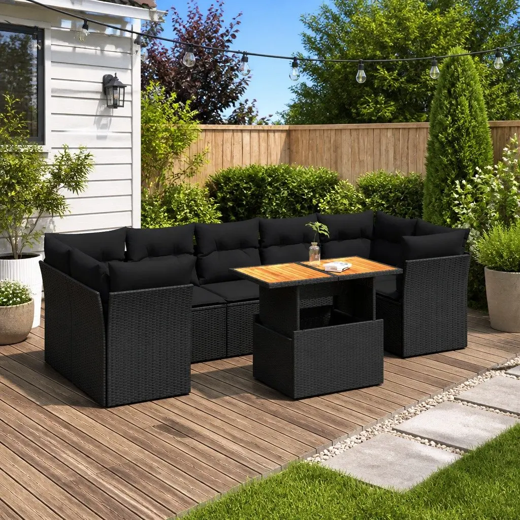 8 Piece Outdoor Modular Sofa Set Black PE Rattan Furniture with Adjustable Tabletop and Storage Function