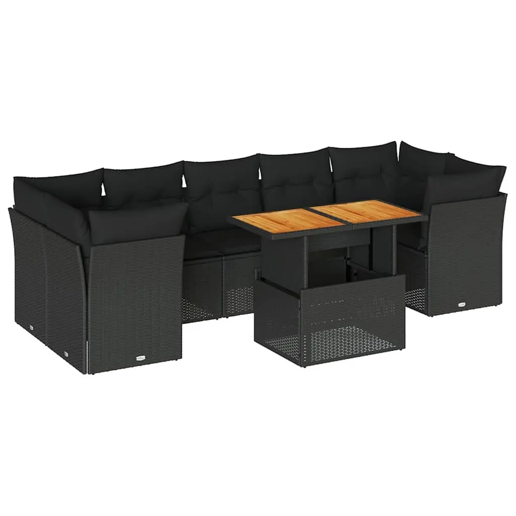8 Piece Outdoor Modular Sofa Set Black PE Rattan Furniture with Adjustable Tabletop and Storage Function