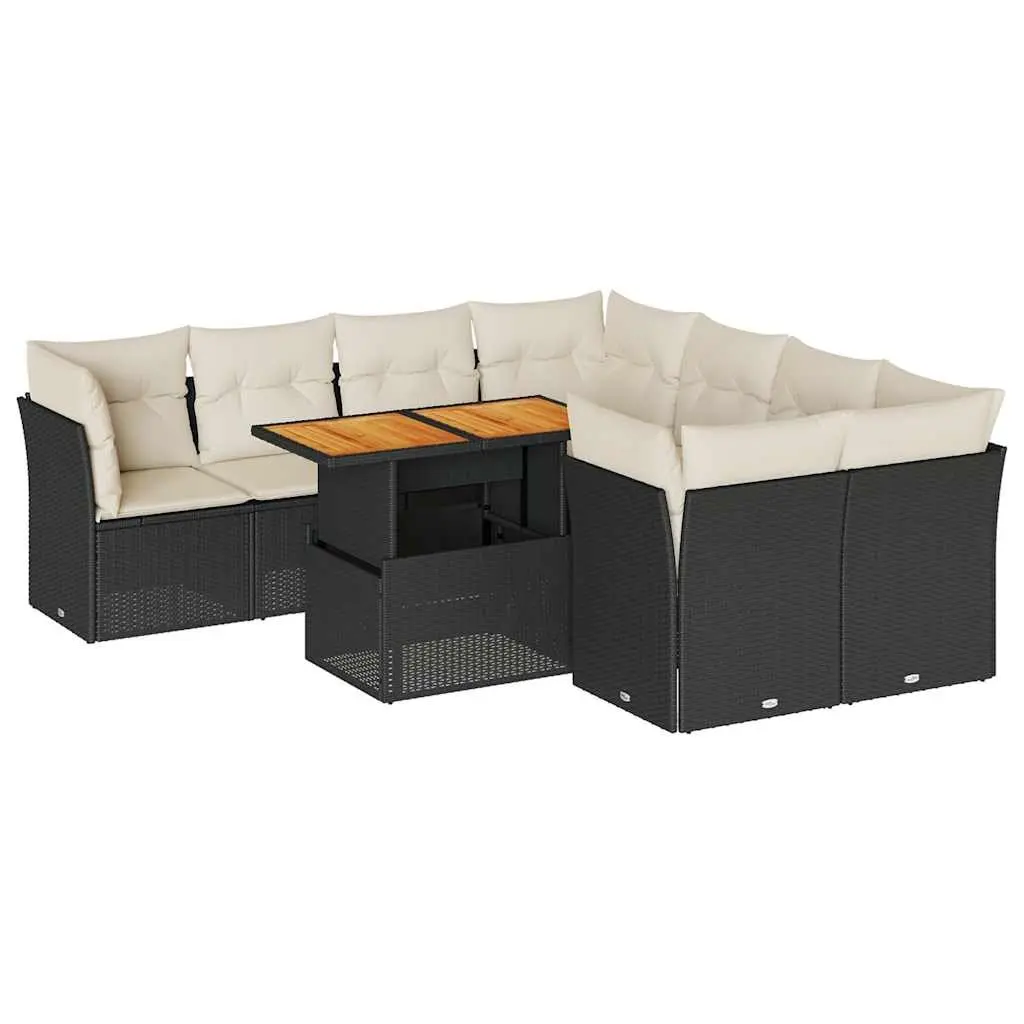 9 Piece Modular Outdoor Furniture Set PE Rattan Black with Cushions and Adjustable Tabletop for Patio Garden