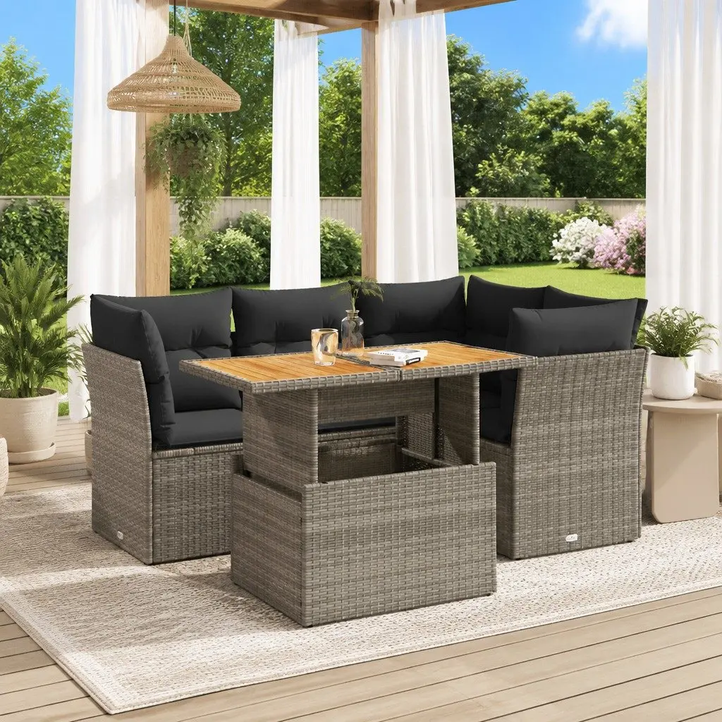 Modular Outdoor Furniture Set 5 Piece Grey Rattan Garden Sofa with Adjustable Table Storage Compartment Removable Cushion Covers