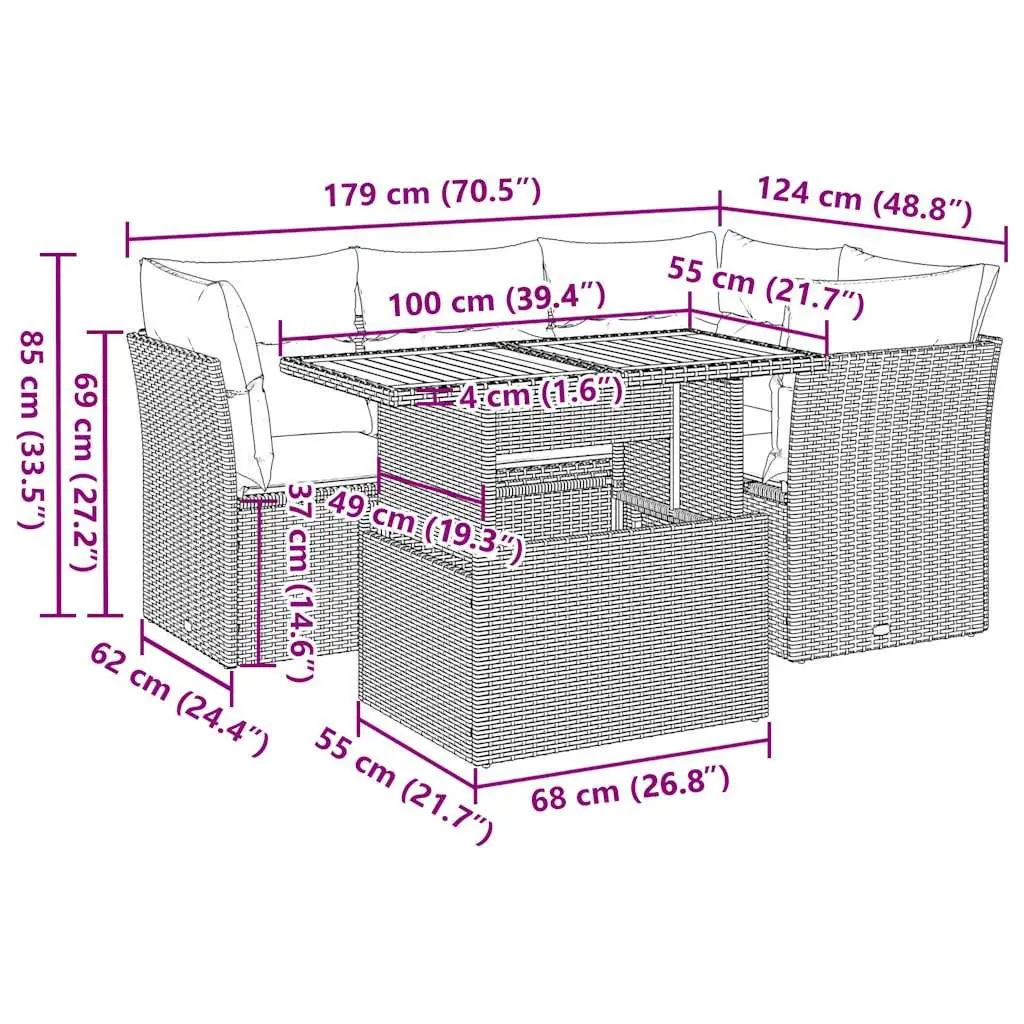 Modular Outdoor Furniture Set 5 Piece Grey Rattan Garden Sofa with Adjustable Table Storage Compartment Removable Cushion Covers