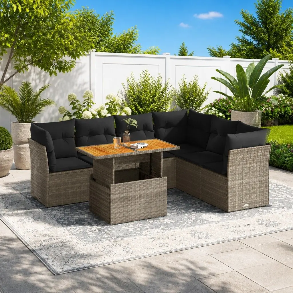 7 Piece Modular Garden Sofa Set Grey Outdoor Patio Furniture with Adjustable Table and Storage Cushions
