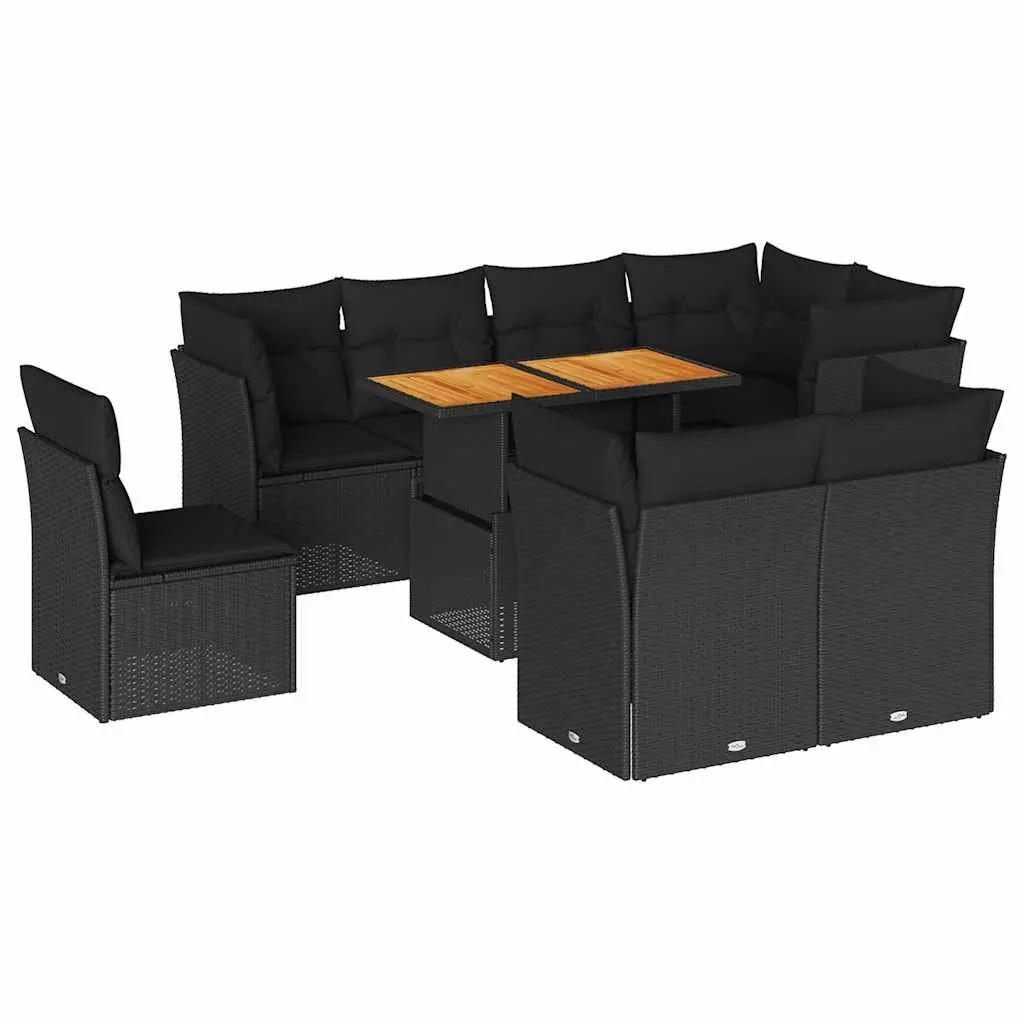 9 Piece Outdoor Garden Sofa Set Black PE Rattan Patio Furniture with Cushions