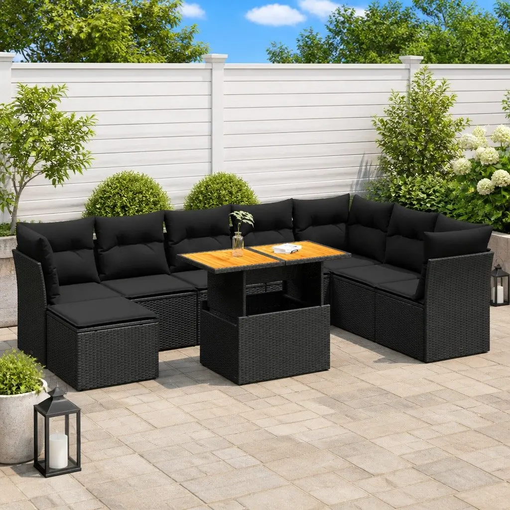 Garden Sofa Set 9 Piece Outdoor Furniture Patio Black Poly Rattan with Cushions