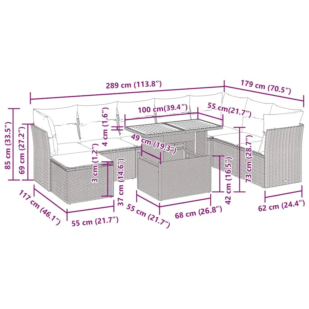 Garden Sofa Set PE Rattan 9 Piece Outdoor Furniture Sectional Grey