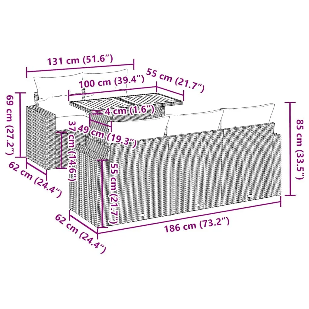 Garden Sofa Set Modular PE Rattan 6 Piece Outdoor Furniture Black