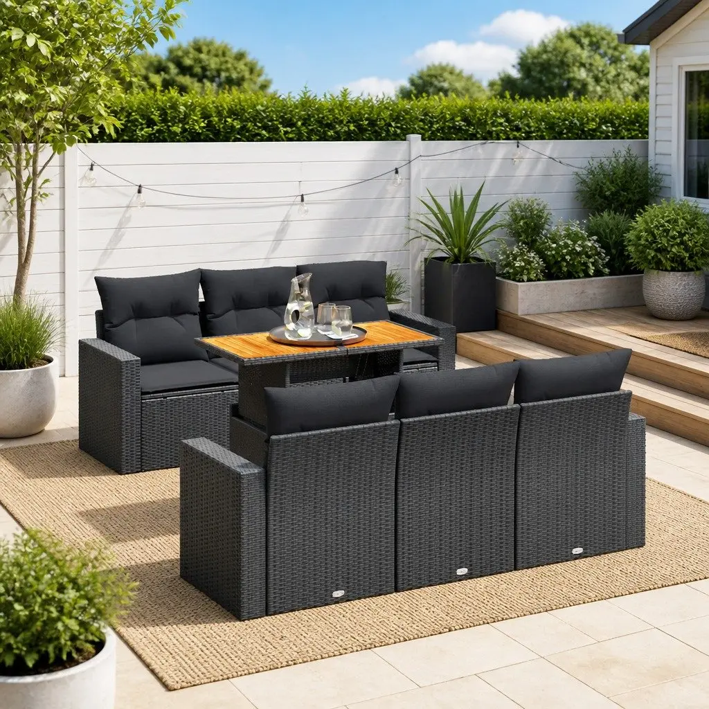 Garden Sofa Set 7 Piece Modular Outdoor Furniture Black PE Rattan Patio Lounge