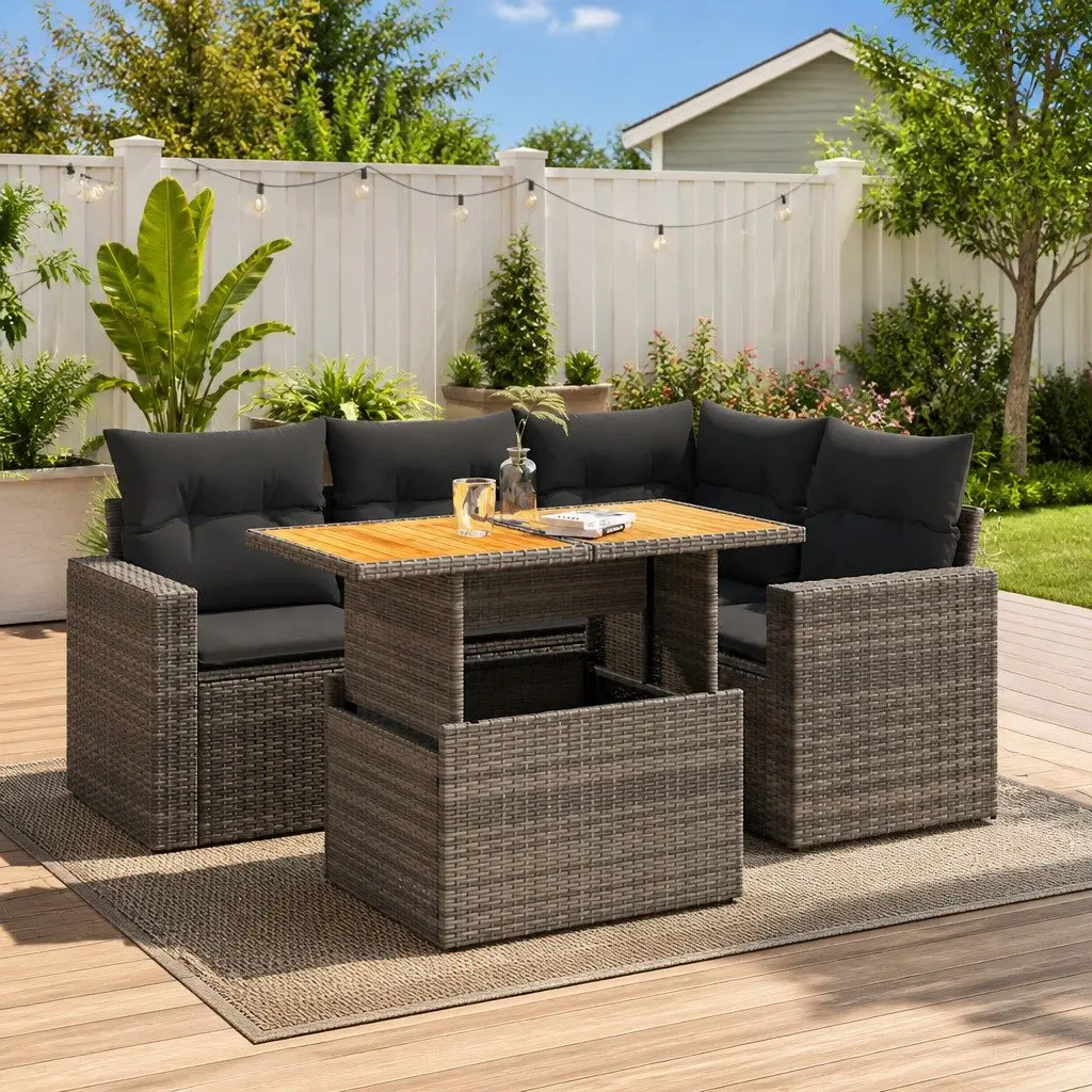 Garden Sofa Set 5 Piece Modular Grey PE Rattan with Adjustable Table and Storage Cushions
