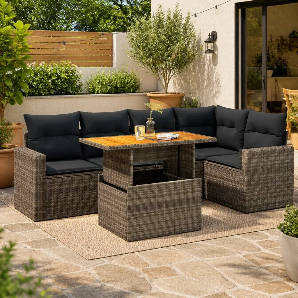 6 Piece Outdoor Garden Sofa Set PE Rattan Modular Grey with Storage