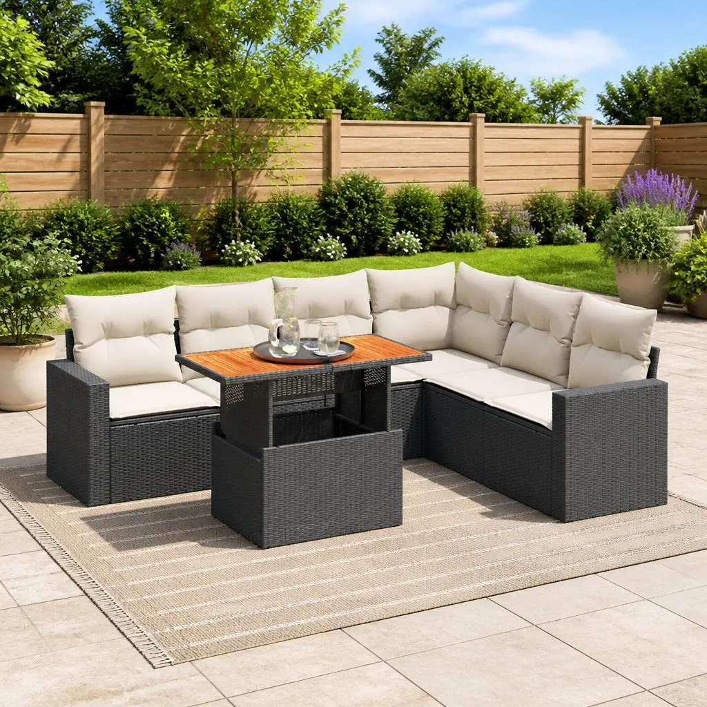 7 Piece Garden Sofa Set PE Rattan Black Outdoor with Storage Cushions