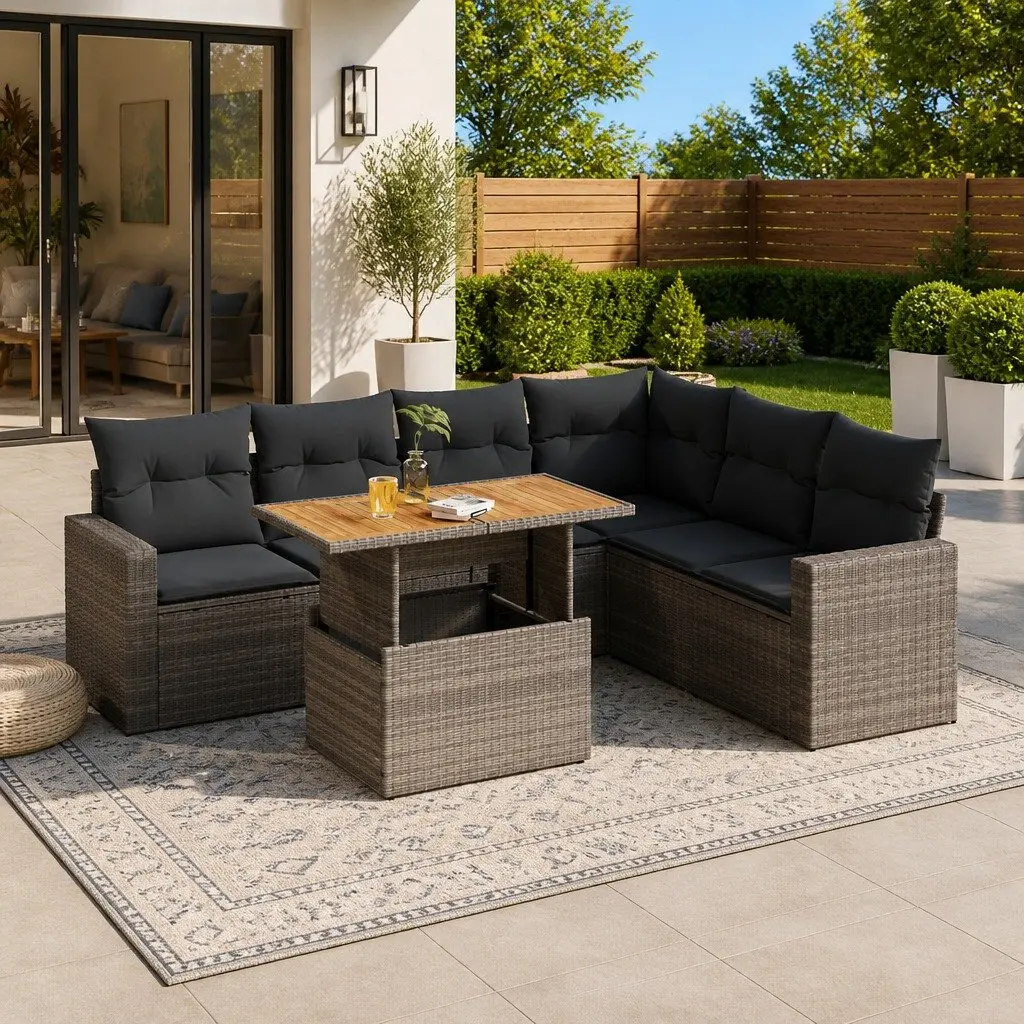 7PieceOutdoorSofaSetModularGreyPolyRattanPatioLoungeWithAdjustableTableAndStorageSpace