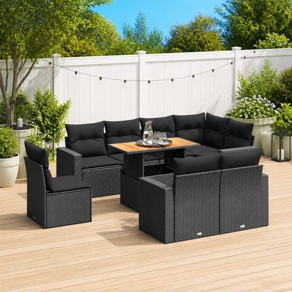 Garden Sofa Set 9 Piece Outdoor Furniture Patio Rattan Sectional Black Cushions