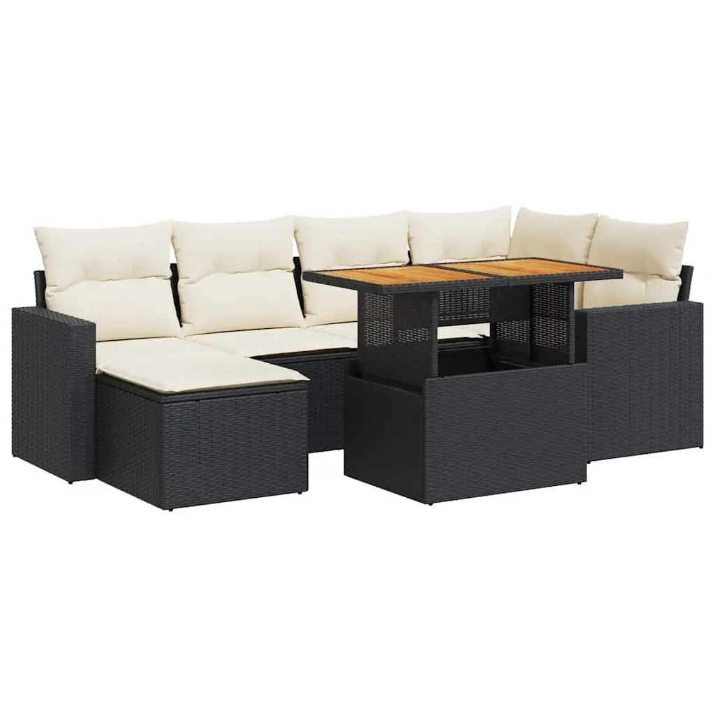 7 Piece Modular Outdoor Furniture Set Black PE Rattan Patio Sofa with Adjustable Table and Storage Compartment