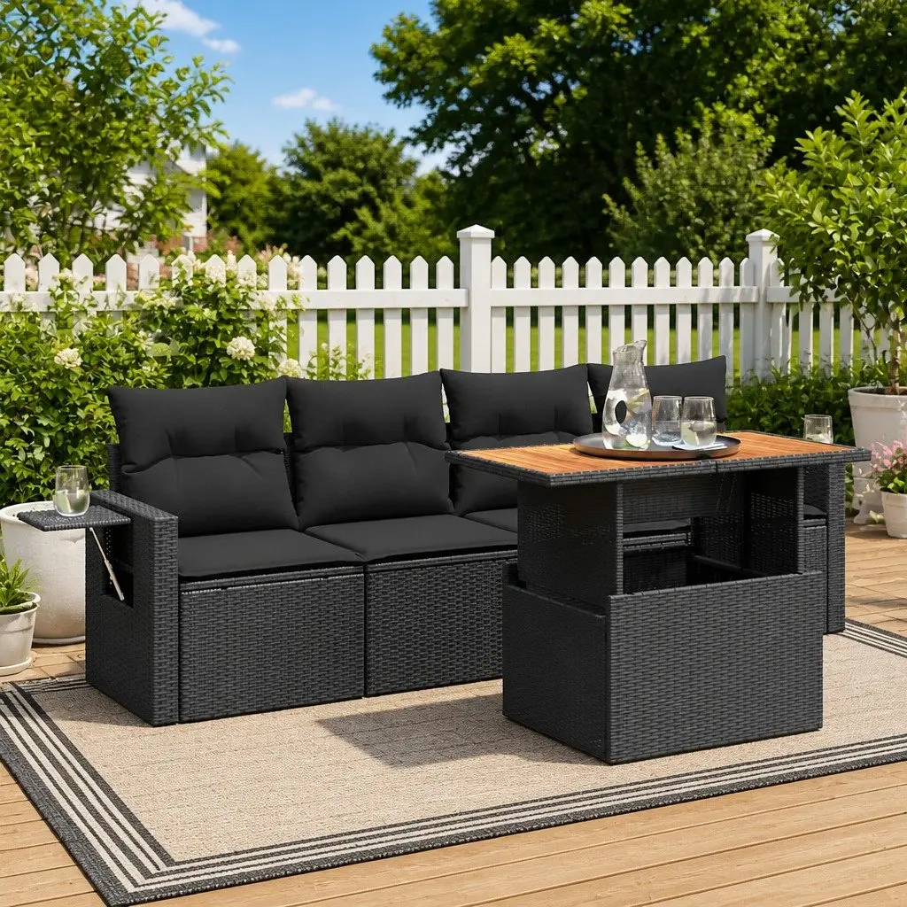 5 Piece Garden Sofa Set PE Rattan Modular Adjustable Table Black