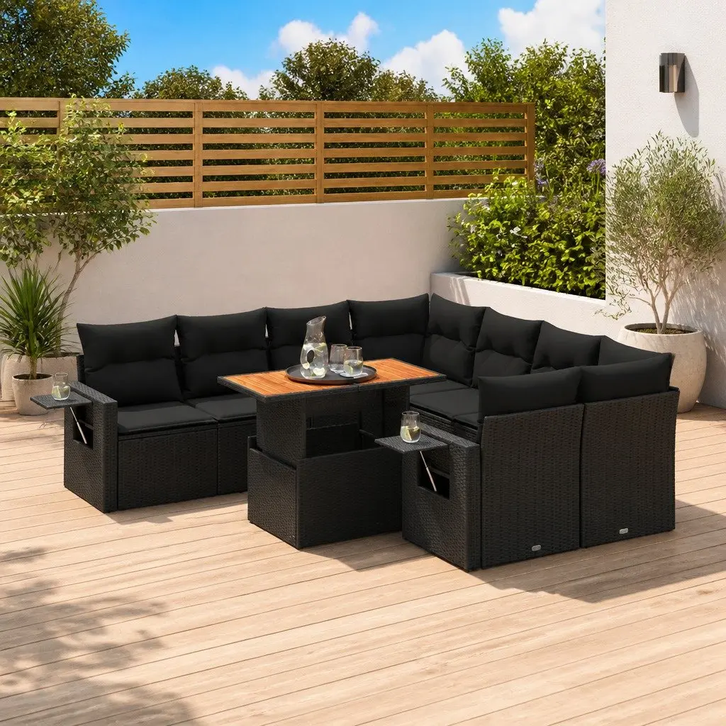 9 Piece Modular Outdoor Sofa Set PE Rattan Black Patio Furniture with Cushions and Storage