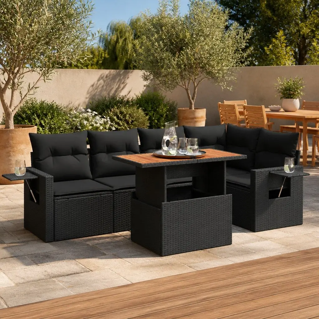 Garden Sofa Set Poly Rattan 6 Piece Modular Outdoor Furniture Black