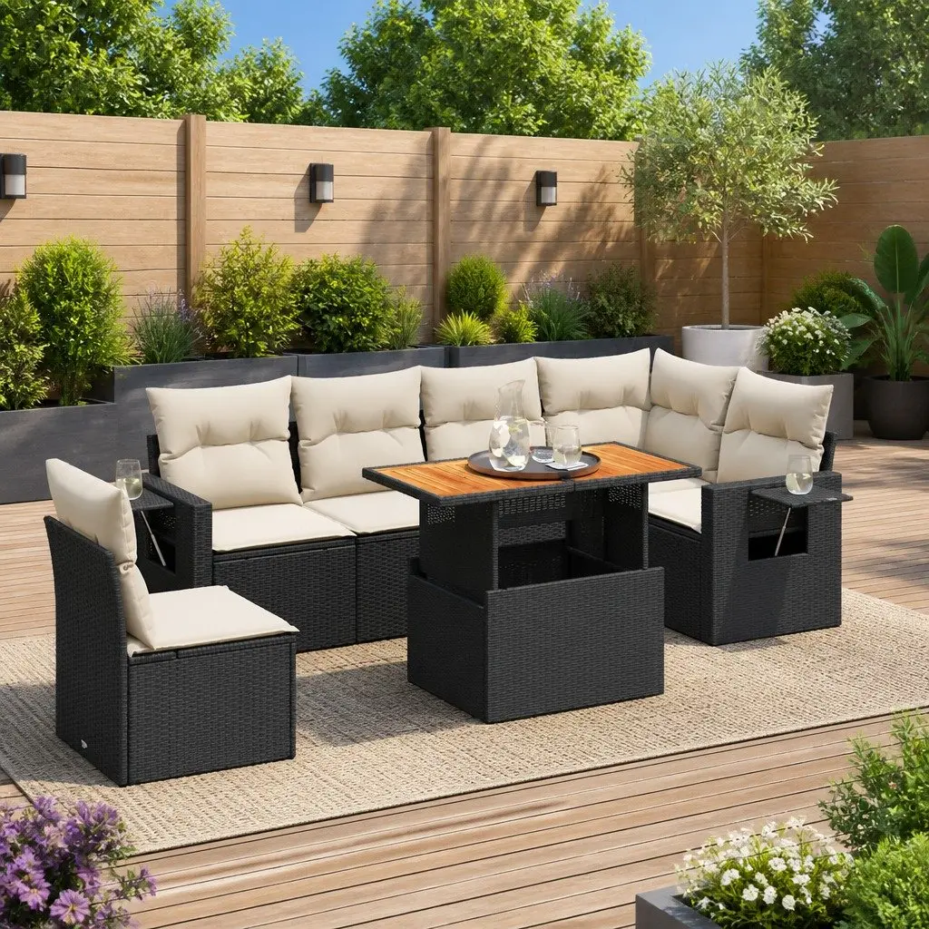 Garden Sofa Set Modular PE Rattan 7 Piece Outdoor Furniture Black with Storage