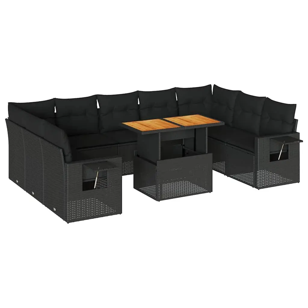 10 Piece Outdoor Garden Sofa Set Patio Furniture Black Poly Rattan with Cushions