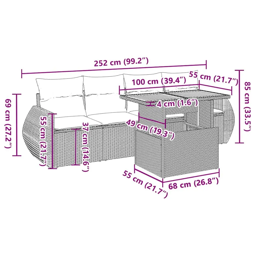 Garden Sofa Set 5 Piece PE Poly Rattan Outdoor Furniture Grey with Cushions