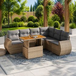 7 Piece Outdoor Garden Sofa Set with Storage Beige Poly Rattan Patio Furniture