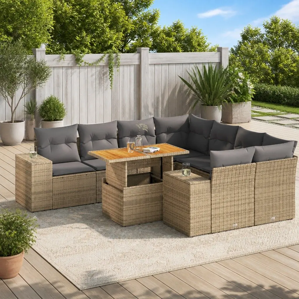 9 Piece Outdoor Sofa Set Modular PE Rattan Lounge Furniture Beige