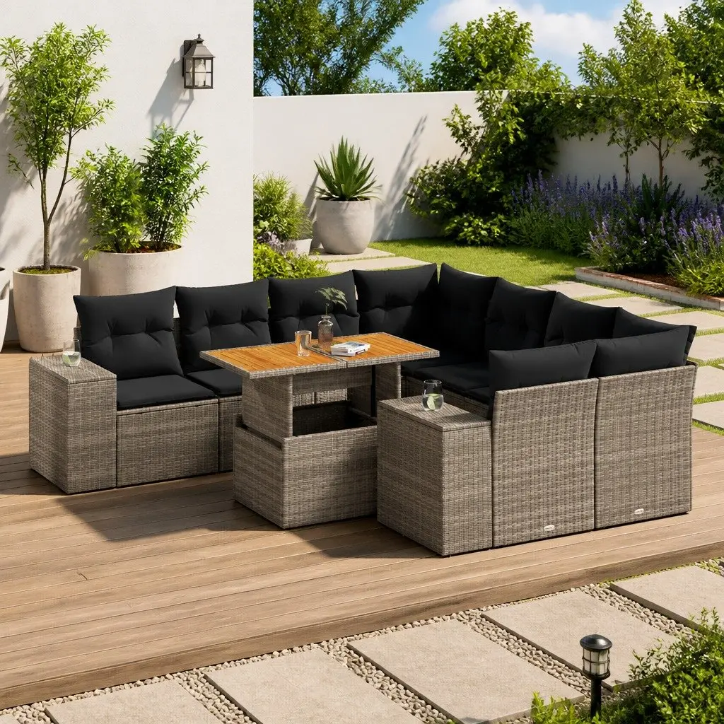 9 Piece Modular Garden Sofa Set Grey PE Rattan Outdoor Furniture with Adjustable Tabletop and Storage