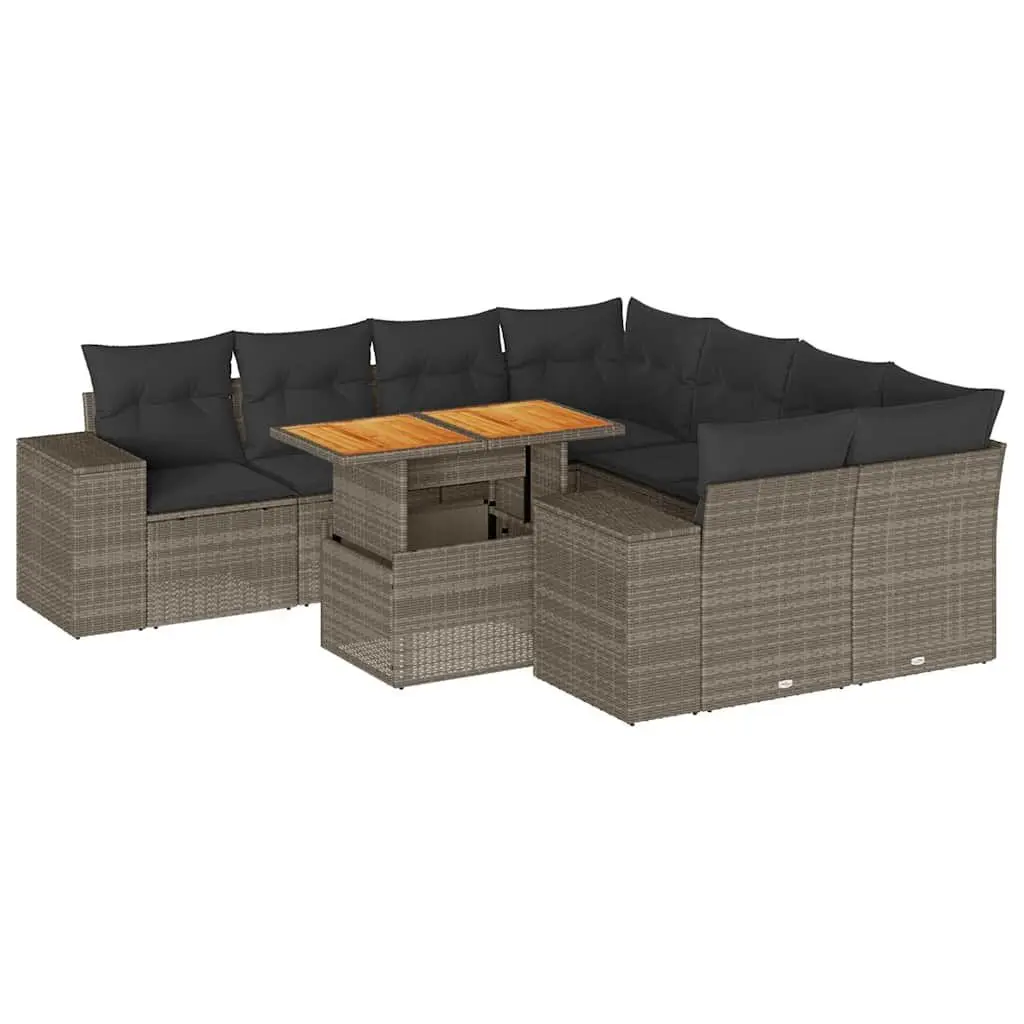9 Piece Modular Garden Sofa Set Grey PE Rattan Outdoor Furniture with Adjustable Tabletop and Storage