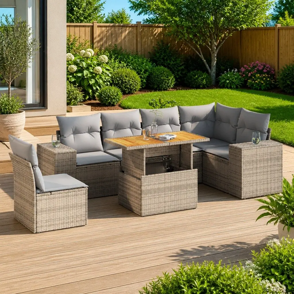 7 Piece Outdoor Garden Sofa Set Beige PE Rattan Patio Furniture with Cushions