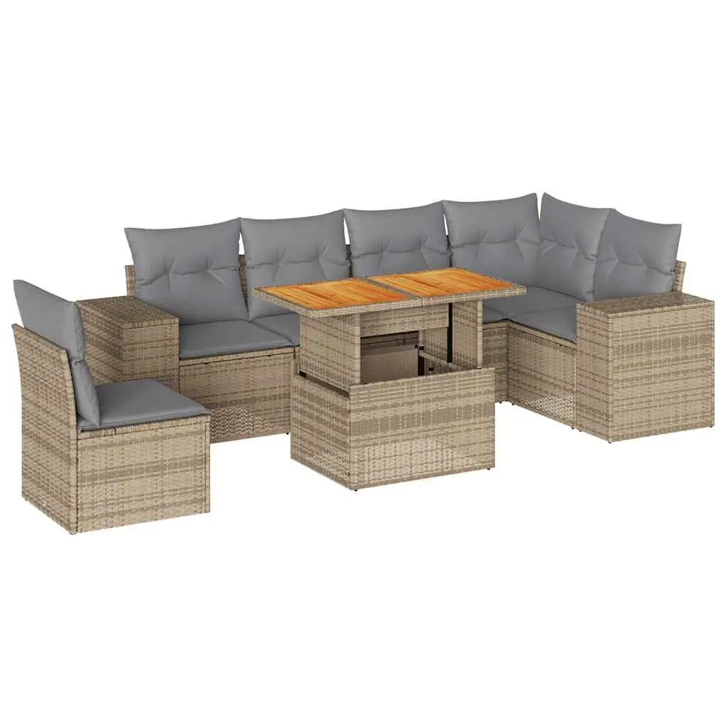 7 Piece Outdoor Garden Sofa Set Beige PE Rattan Patio Furniture with Cushions