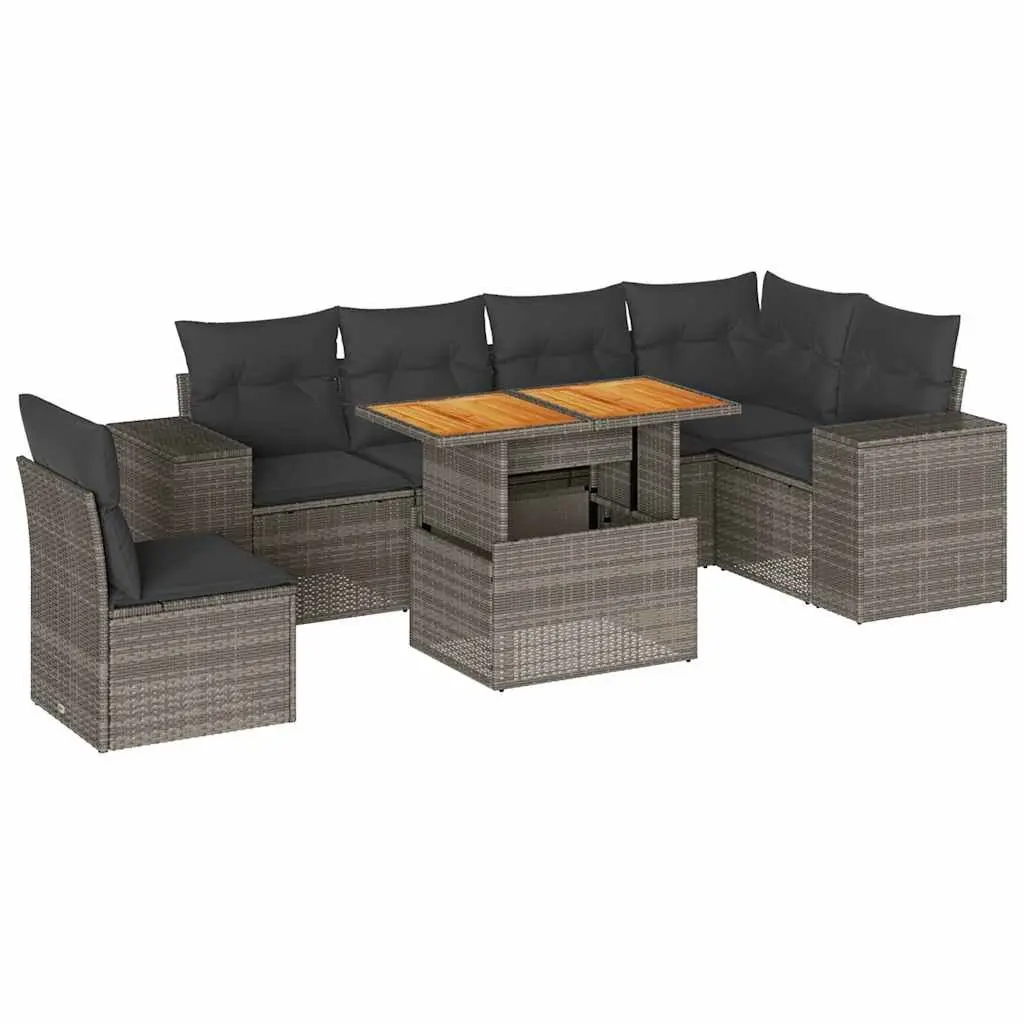7 Piece Outdoor Garden Sofa Set PE Rattan Grey Patio Furniture with Storage