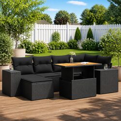 7 Piece Garden Sofa Set Outdoor Furniture Black Poly Rattan with Cushions