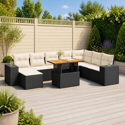 Garden Sofa Set 9 Piece Outdoor Furniture with Storage Cushions Black Poly