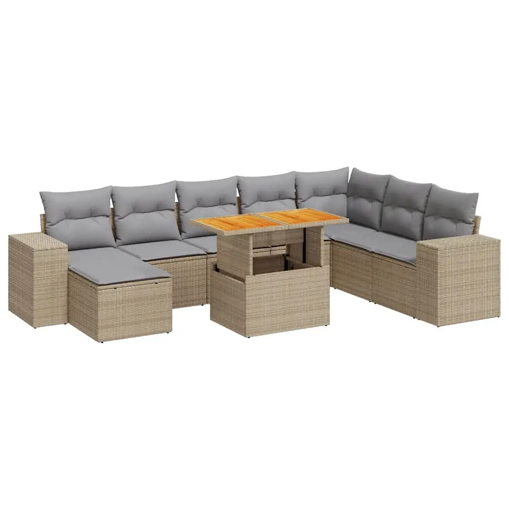9 Piece Outdoor Furniture Set Modular Grey PE Rattan with Cushions and Storage for Patio and Backyard