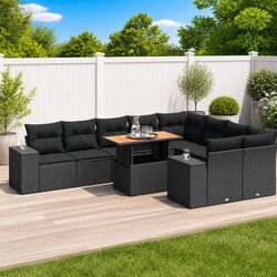 Outdoor Garden Sofa Set 10 Piece Black Poly Rattan Patio Furniture with Cushions