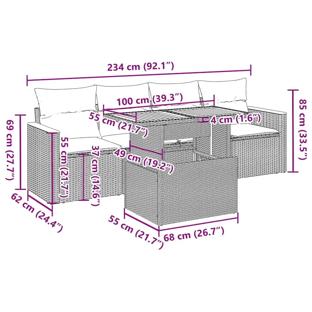Modular Outdoor Furniture Set 5 Piece Beige PE Rattan Garden Sofa with Cushion Storage