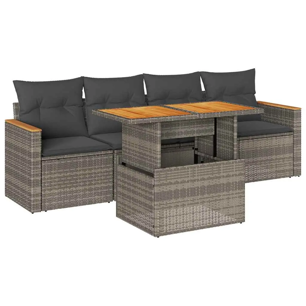 Outdoor Garden Sofa Set 5 Piece Grey Poly Rattan Patio Furniture with Cushions