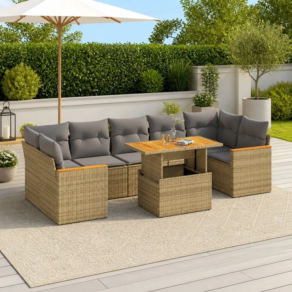 7 Piece Modular Outdoor Sofa Set Beige PE Rattan with Cushions and Storage for Patio Garden Furniture
